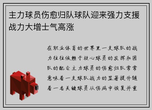 主力球员伤愈归队球队迎来强力支援战力大增士气高涨